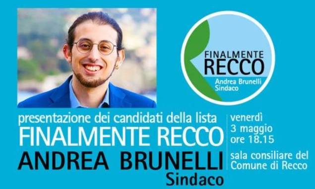La lista civica “Finalmente Recco”, che vede come candidato Sindaco Andrea Brunelli, si presenta alla cittadinanza venerdì 3 maggio alle ore 18:15 nella Sala del Consiglio Comunale del Comune di Recco.